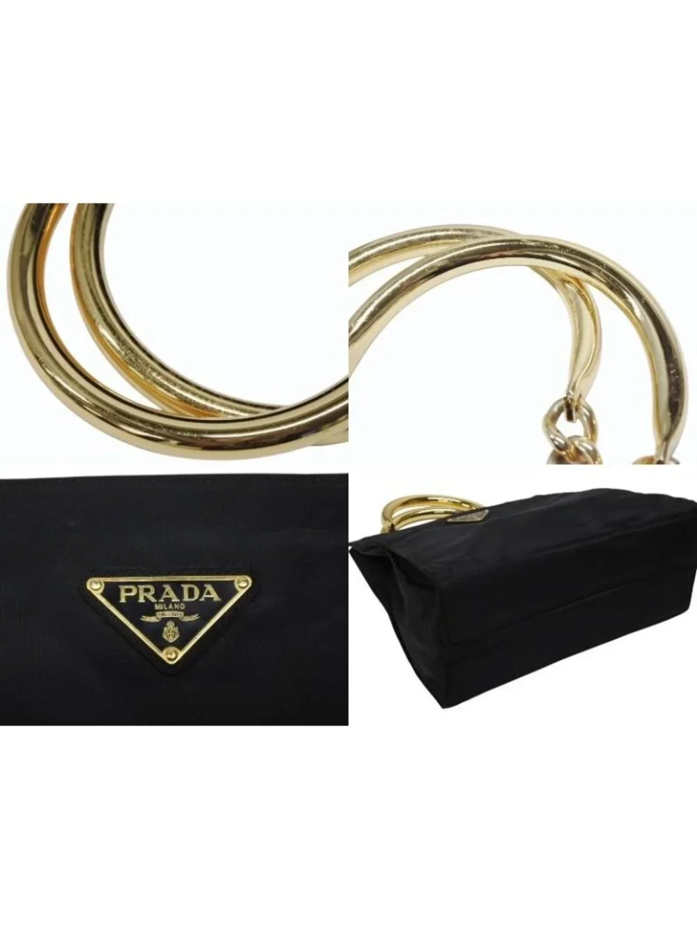 Prada Handbag Triangle Logo Nylon Gold Black